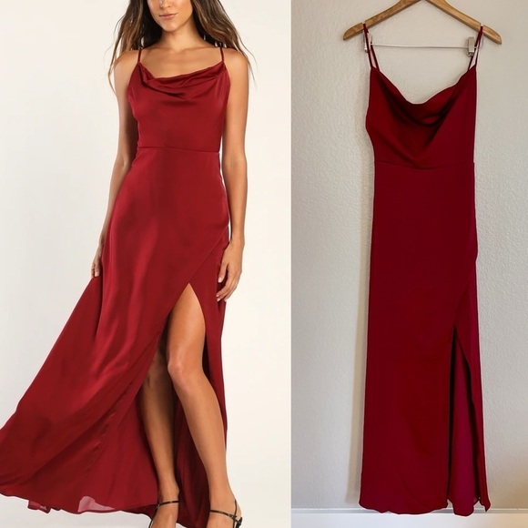 NWOT Unforgettable Love Wine Red Satin Cowl Neck Faux-Wrap Maxi Dress - Picture 1 of 7
